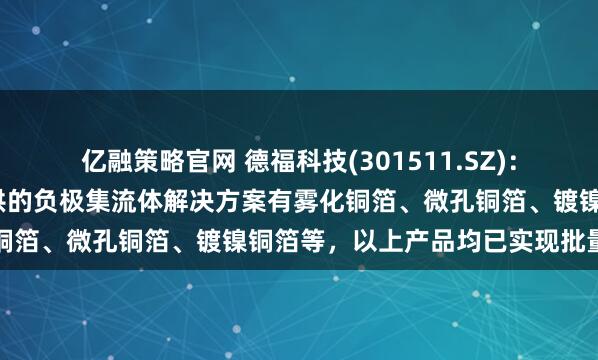 亿融策略官网 德福科技(301511.SZ):目前为半/全固态电池提供的负极集流体解决方案有雾化铜箔、微孔铜箔、镀镍铜箔等,以上产品均已实现批量供货